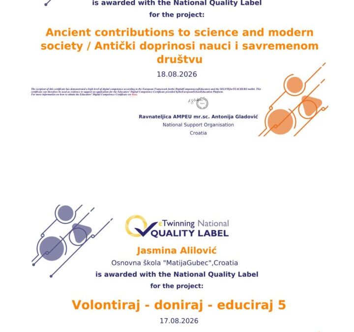 Nacionalna oznaka kvalitete za dva međunarodna eTwinning projekta naše škole